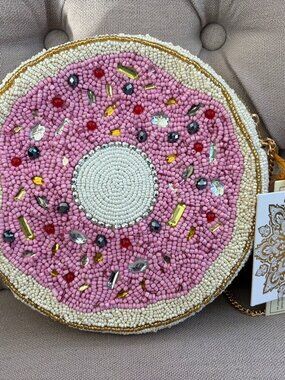 Made in India Strawberry Frosted Donut Beaded Crossbody Novelty Bag